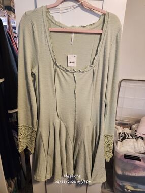 Light Sage Knit Peplum Dress with Crochet Cuffs